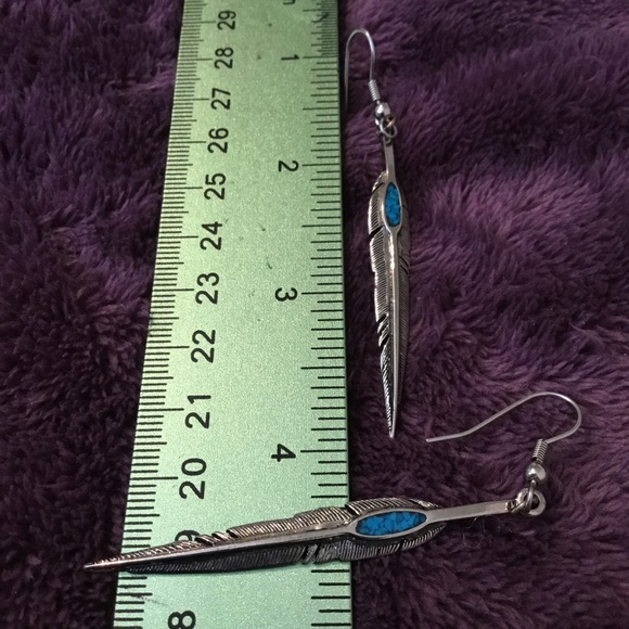 Vintage Native American 925 Arrow Feather Turquoise Dangle Earrings - Picture 7 of 15